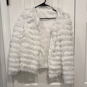 Elegant White Faux Fur Fringey Jacket
